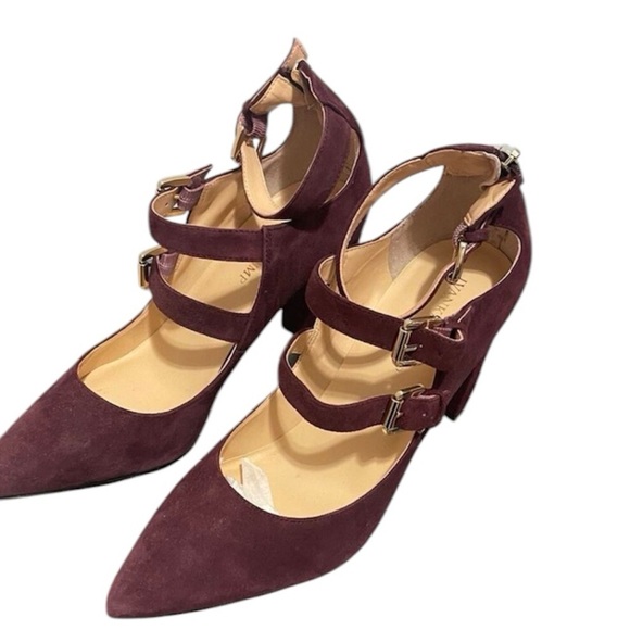 Ivanka Trump Kamon burgundy suede ankle straps pointed pumps back zipper 8M - Picture 1 of 15